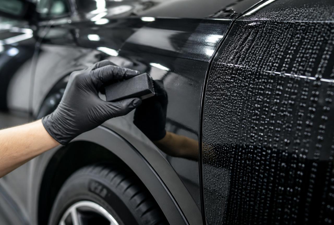 Ceramic coating applied to a black car panel with water beading alongside