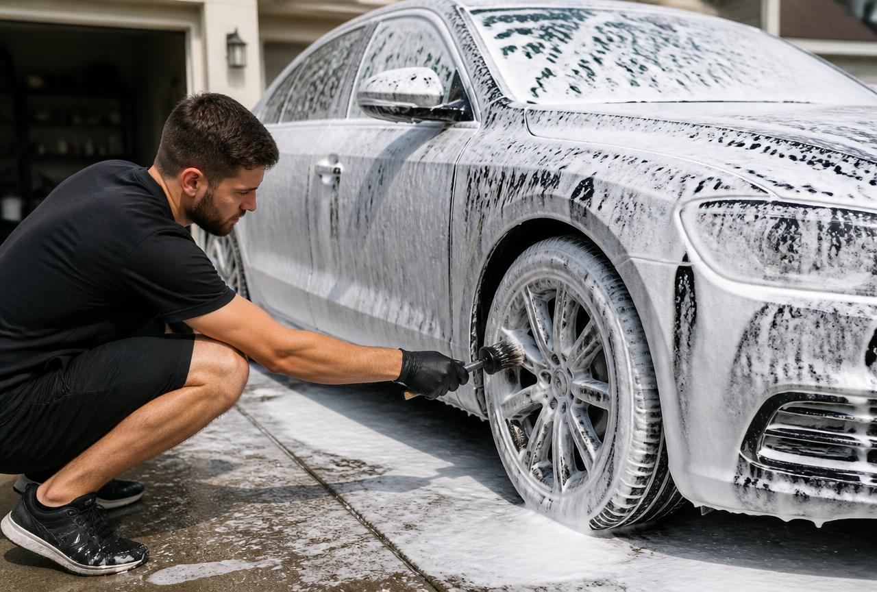 Detailer cleaning a wheel on a foam covered sedan in a driveway