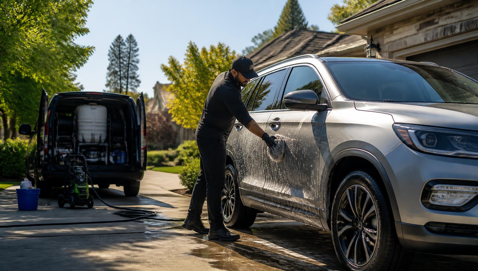 Mobile detailer hand washing a silver SUV in a Sacramento driveway next to a service van
