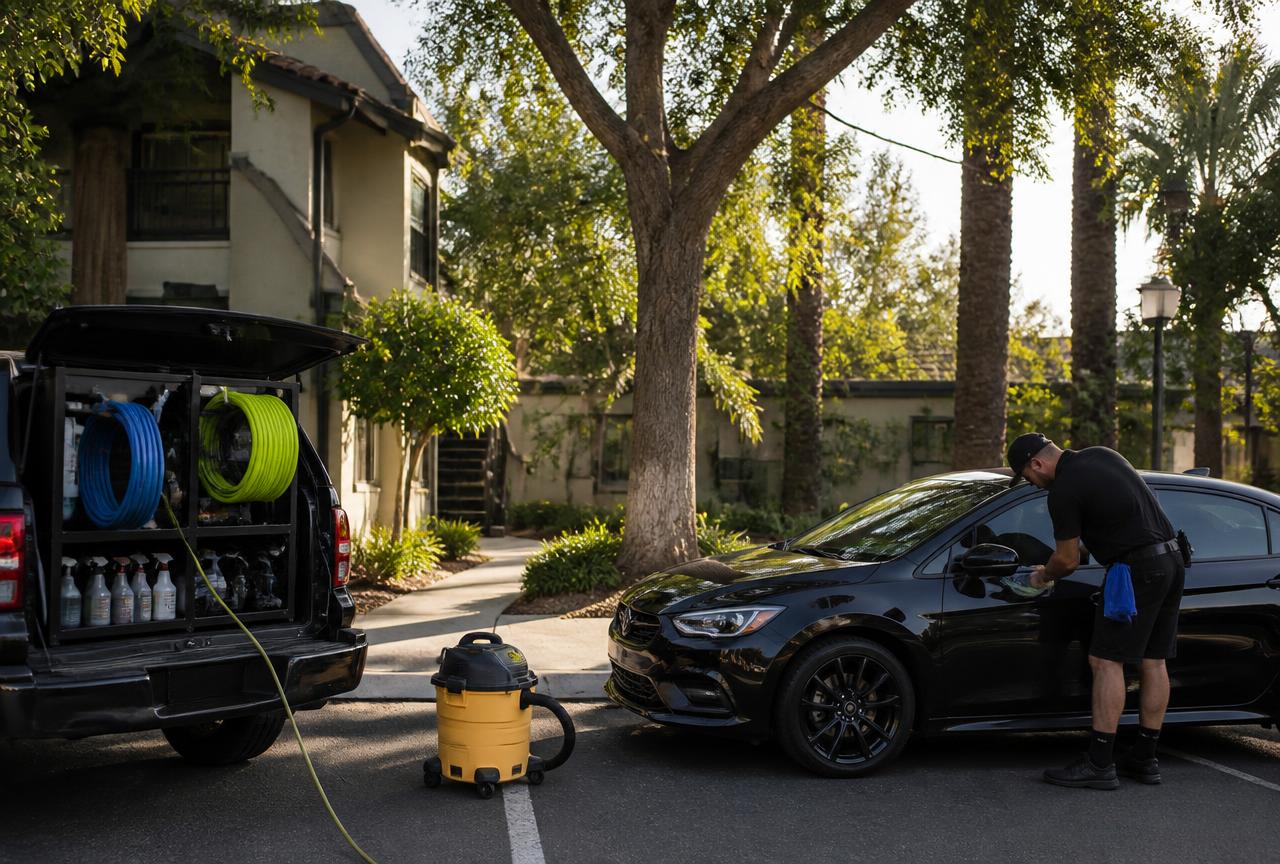 Mobile detailing setup working on a car in an apartment parking stall