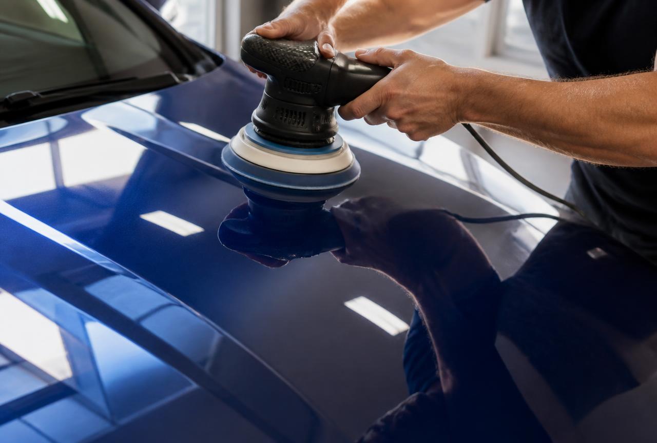 Machine polishing a blue car hood to a mirror gloss