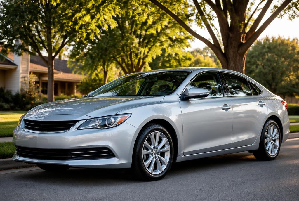 Freshly detailed silver sedan on a tree lined street